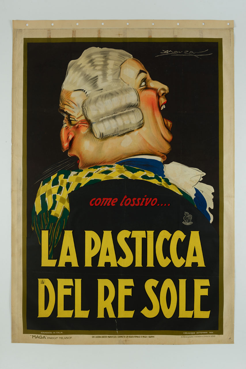 figura maschile di profilo con due volti in diifferenti atteggiamenti (manifesto) di Mauzan Achille Luciano, MAGA (sec. XX)