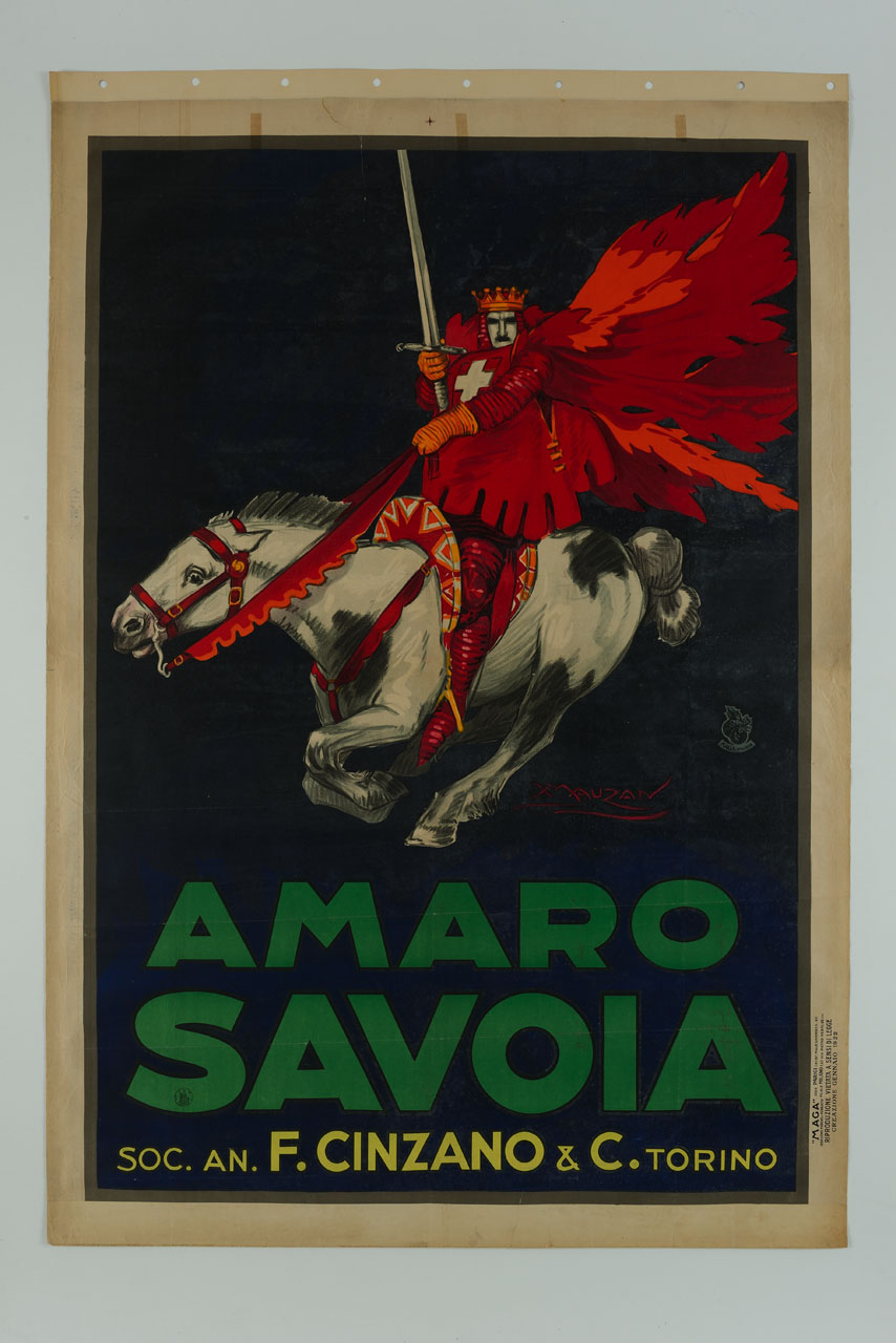 re con spada e stemma sabaudo sulla casacca cavalca un cavallo bianco (manifesto) di Mauzan Achille Luciano, MAGA (sec. XX)
