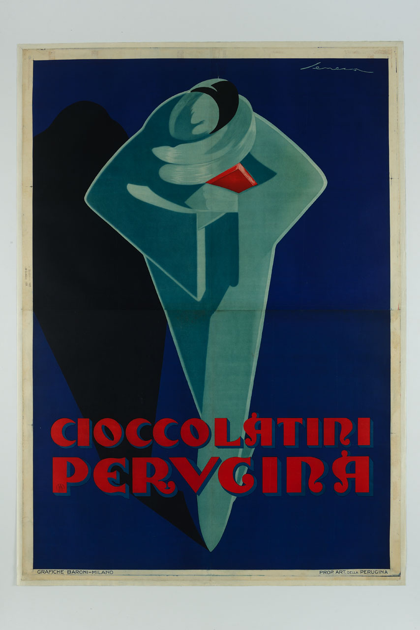 sagoma stilizzata di uomo in cammino con scatola di ciccolatini (manifesto, stampa composita) di Seneca Federico (sec. XX)