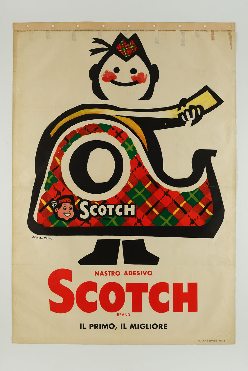 sagoma stilizzata di uomo srotola del nastro adesivo (manifesto, stampa composita) di Testa Armando (sec. XX)