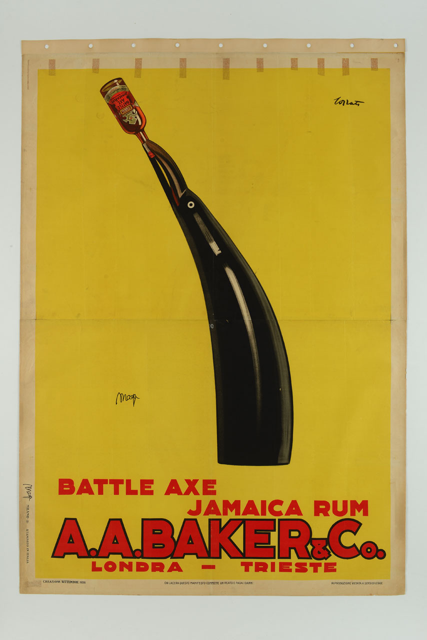 pinguino stilizzato regge bottiglia di liquore con il muso (manifesto, stampa composita) di MAGA, Pozzati Mario (sec. XX)
