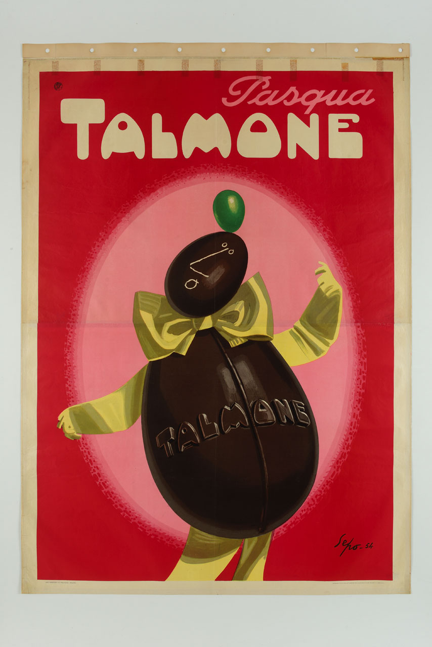 figura di uomo stilizzato formato da uova di cioccolato e nastri (manifesto, stampa composita) di Pozzati Severo detto Sepo (sec. XX)