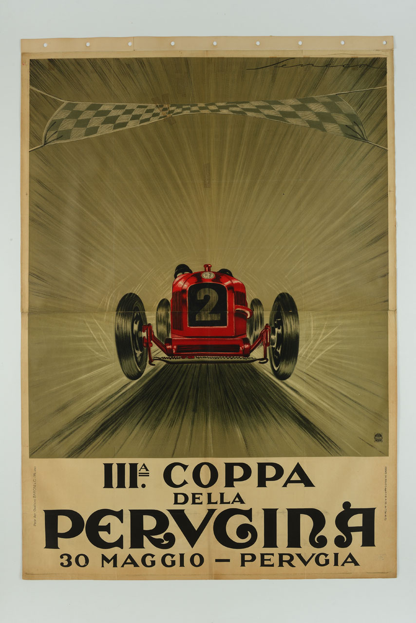 automobile in corsa passa sotto il traguardo (manifesto, stampa composita) di Seneca Federico (sec. XX)
