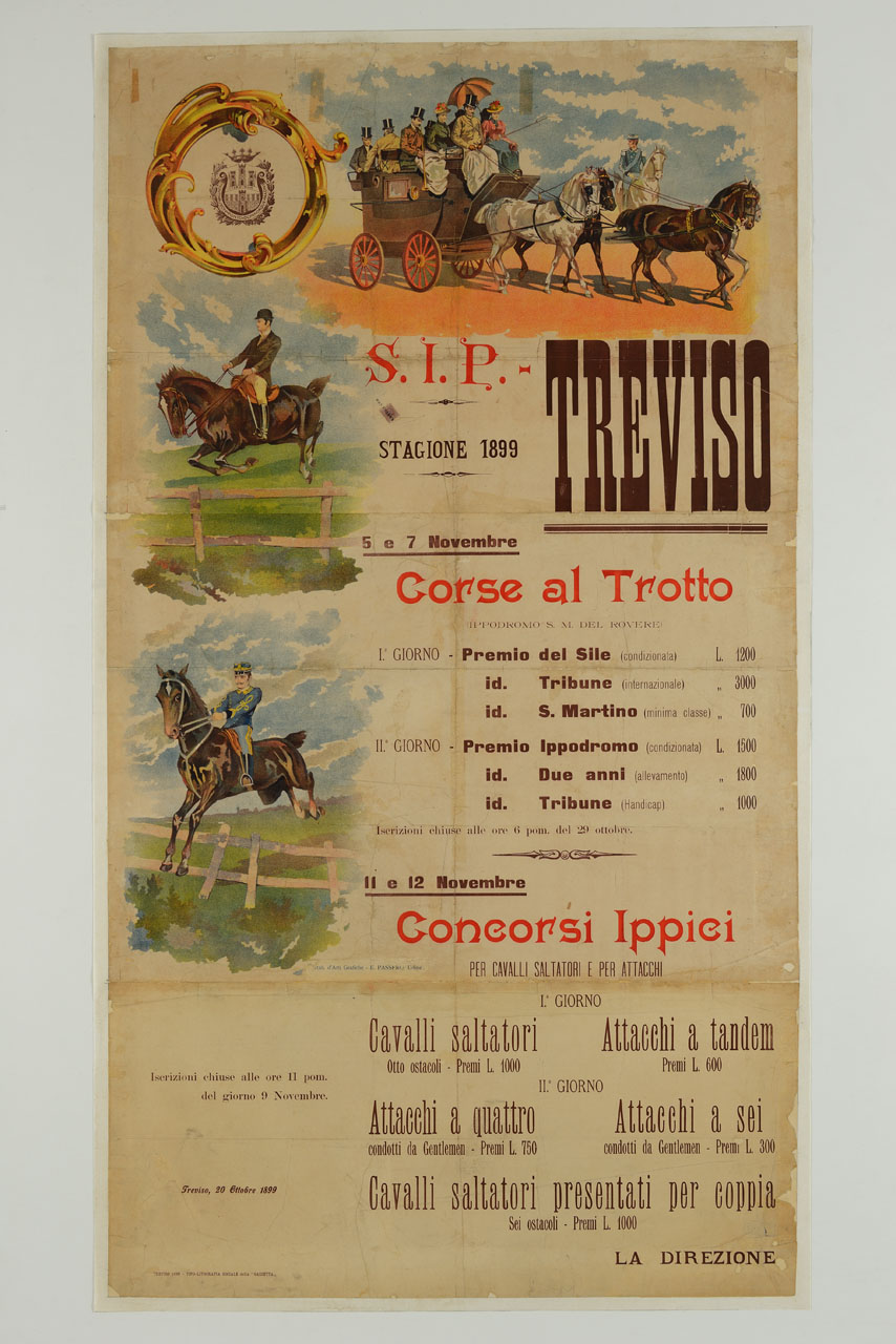 quadriglia tira una carrozza e due cavalli saltano ostacoli (manifesto, stampa composita) - ambito italiano (sec. XIX)