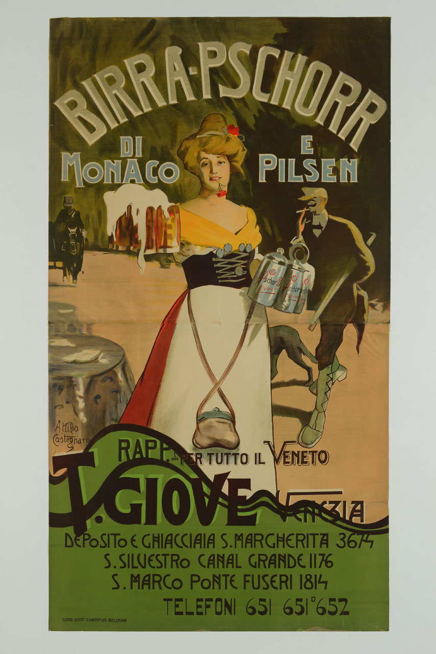 donna con un fiore rosso porta molti boccali di birra in entrambe le mani (manifesto, stampa composita) di Castegnaro Attilio - ambito italiano (prima metà sec. XX)