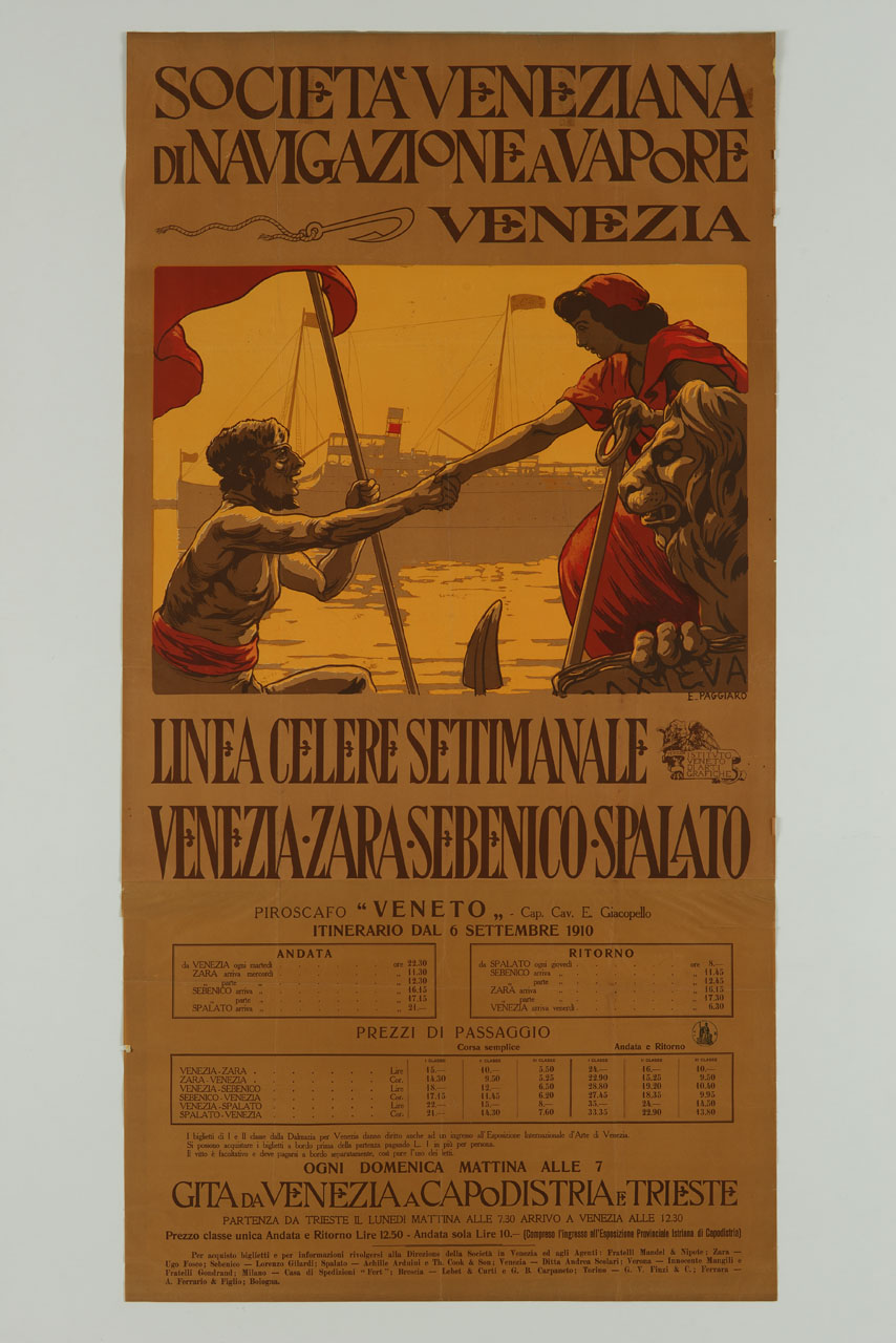 allegoria di Venezia tende la mano a un navigante con una nave che passa in secondo piano (manifesto, stampa composita) di Paggiaro Emilio (sec. XX)