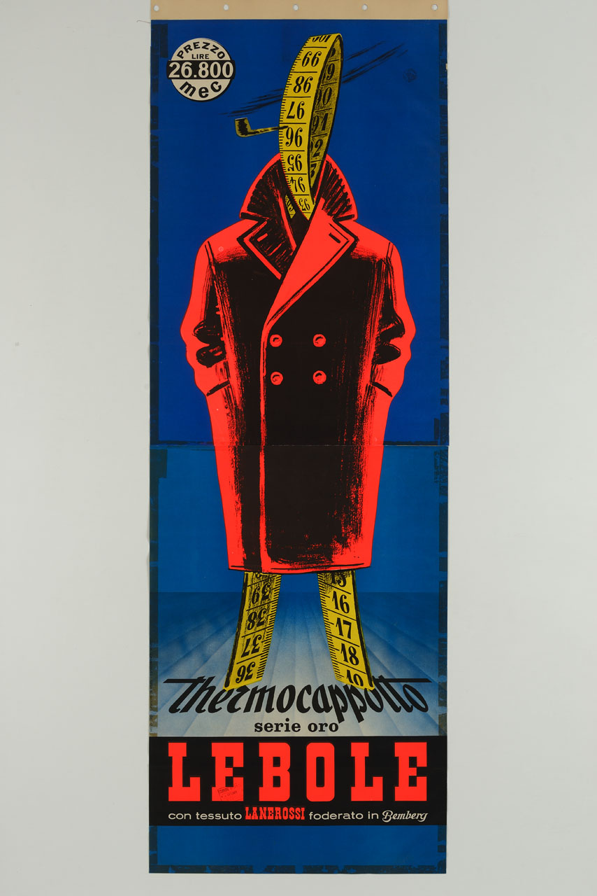 cappotto indossato da un metro da sarto (manifesto, stampa composita) - ambito italiano (metà sec. XX)