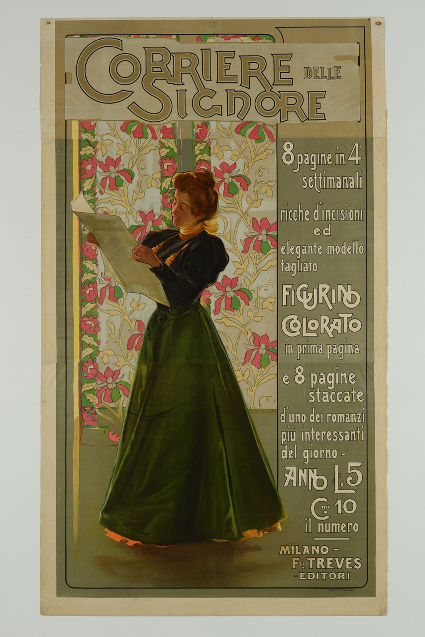 donna legge il Corriere delle Signore (manifesto, stampa composita) - ambito italiano (prima metà sec. XX)