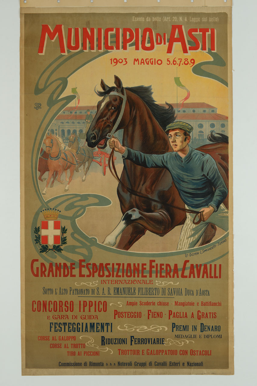 uomo conduce un cavallo per la capezza (manifesto) di Simonetti - ambito italiano (sec. XX)