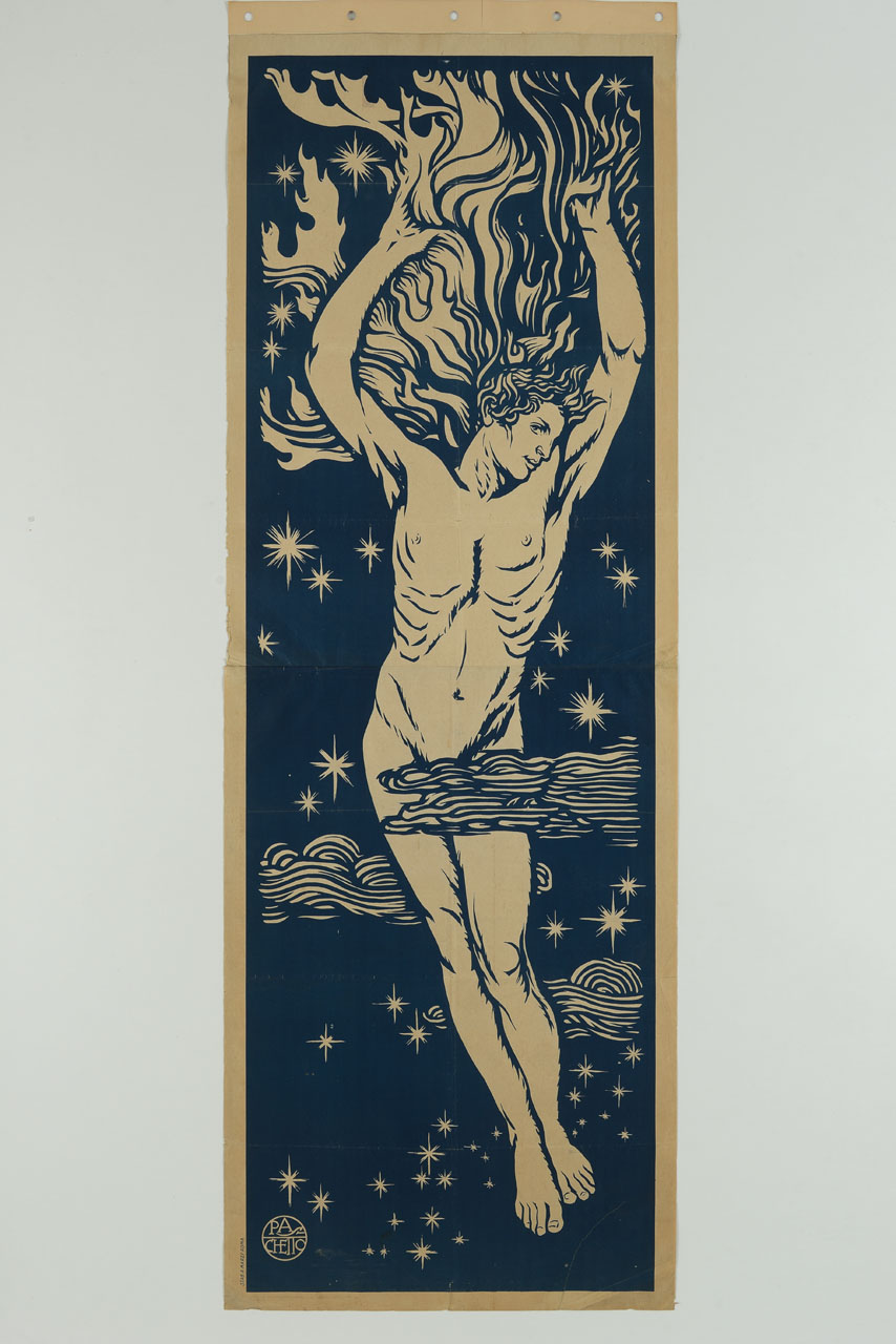 uomo nudo a braccia levate tra le stelle e le nuvole (manifesto, stampa composita) di Paschetto Paolo Antonio (prima metà sec. XX)