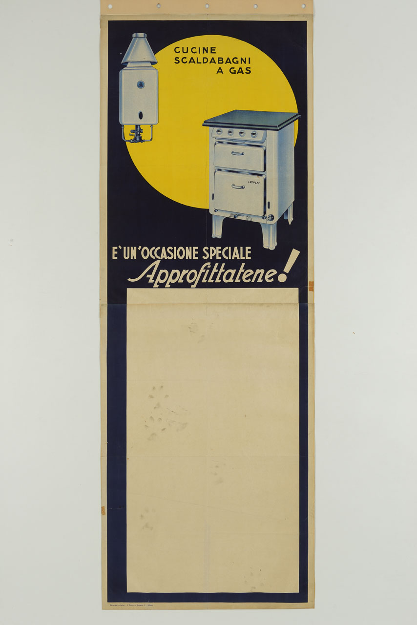 scaldabagno e cucina a gas (manifesto, stampa composita) - ambito italiano (prima metà sec. XX)