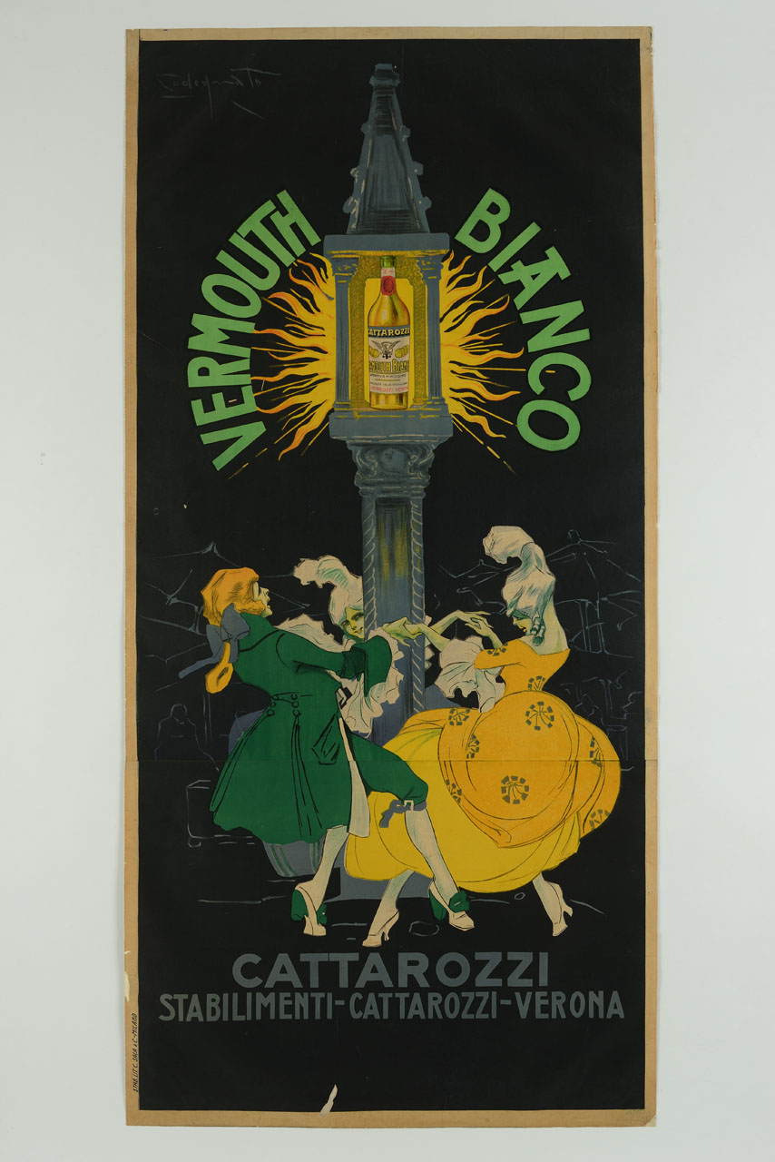 uomo e due donne danzano intorno a una colonna che sostiene una bottiglia di vermut Cattarozzi (manifesto, stampa composita) di Codognato Plinio (secc. XIX.XX)