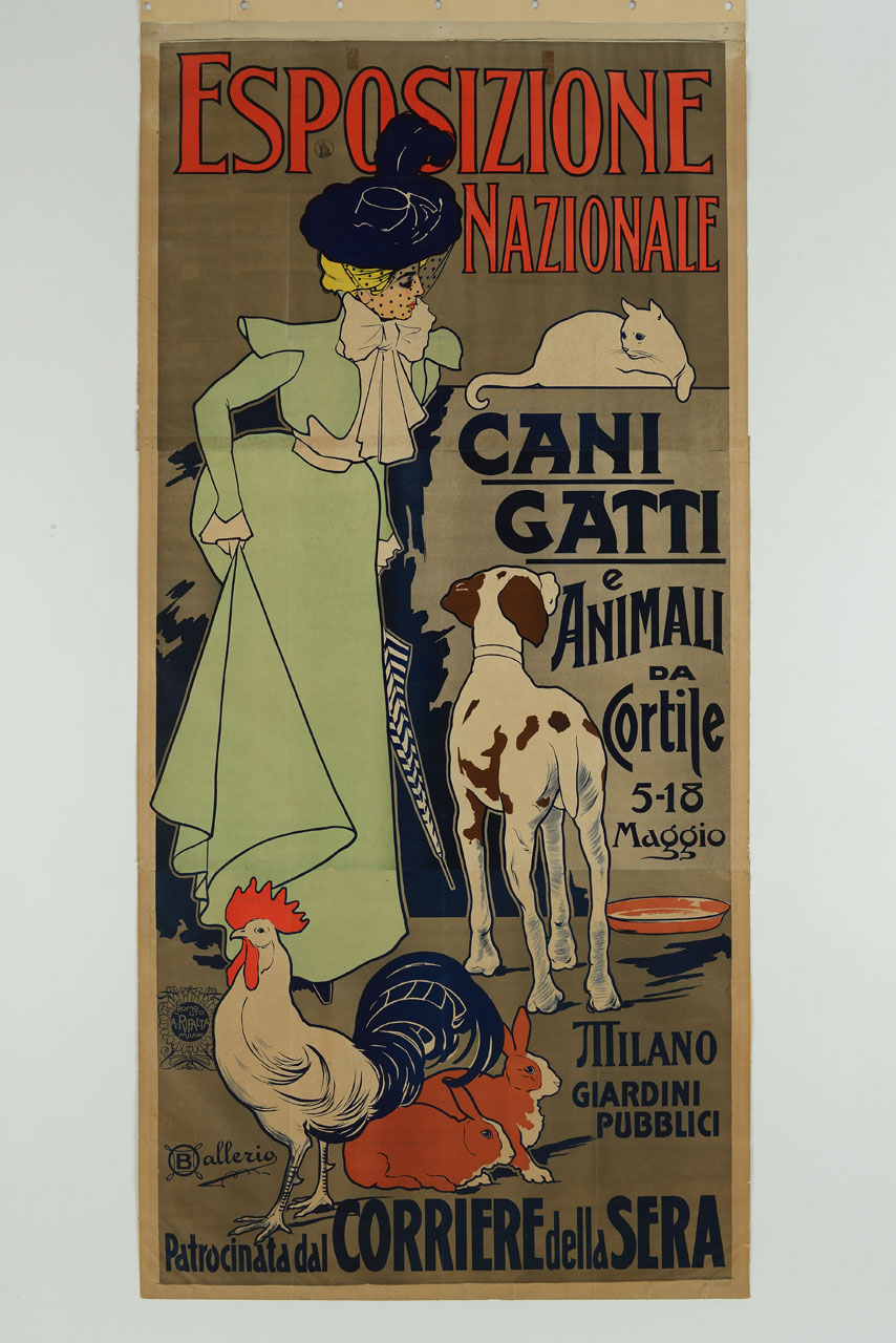donna con cappellino circondata da animali domestici (manifesto, stampa composita) di Ballerio Osvaldo (prima metà sec. XX)