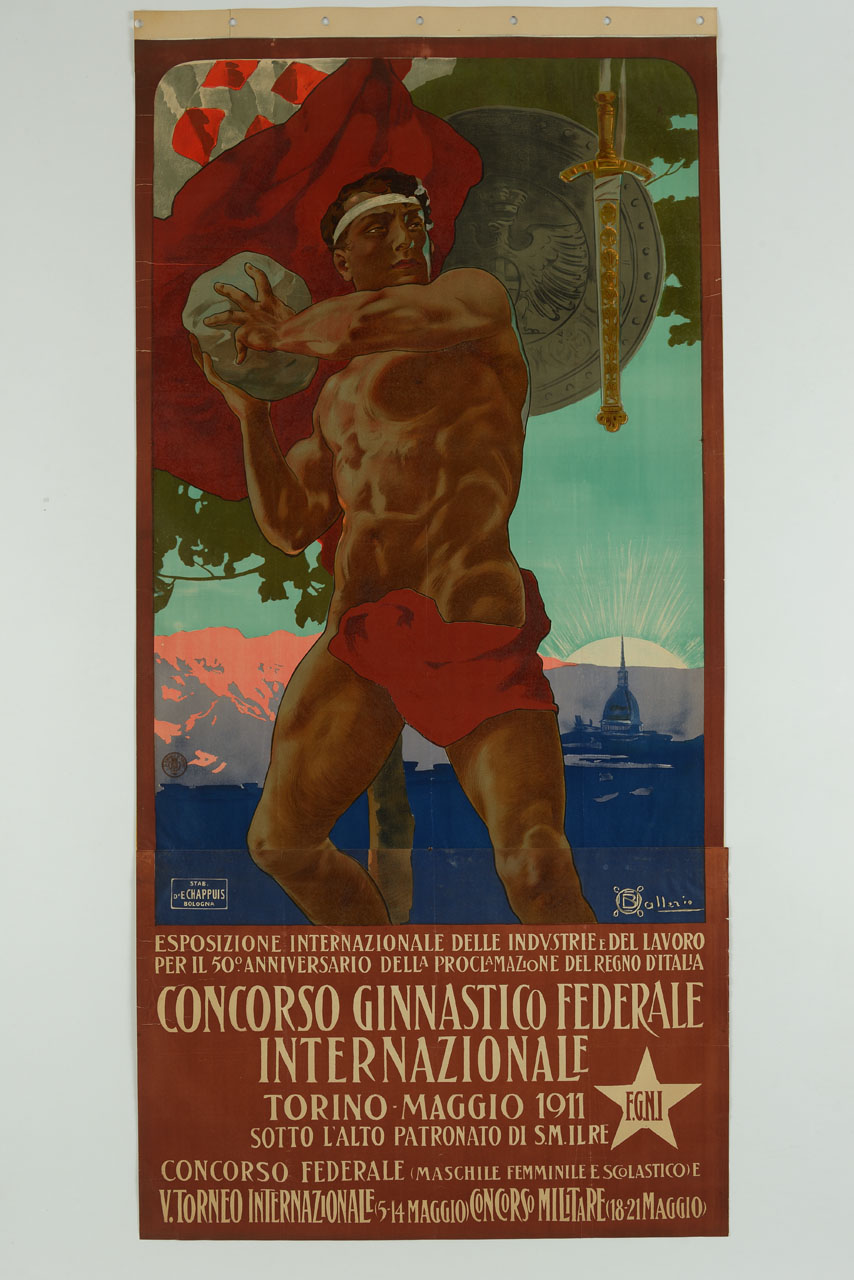 atleta solleva un peso con Torino sullo sfondo (manifesto, stampa composita) di Ballerio Osvaldo (primo quarto sec. XX)