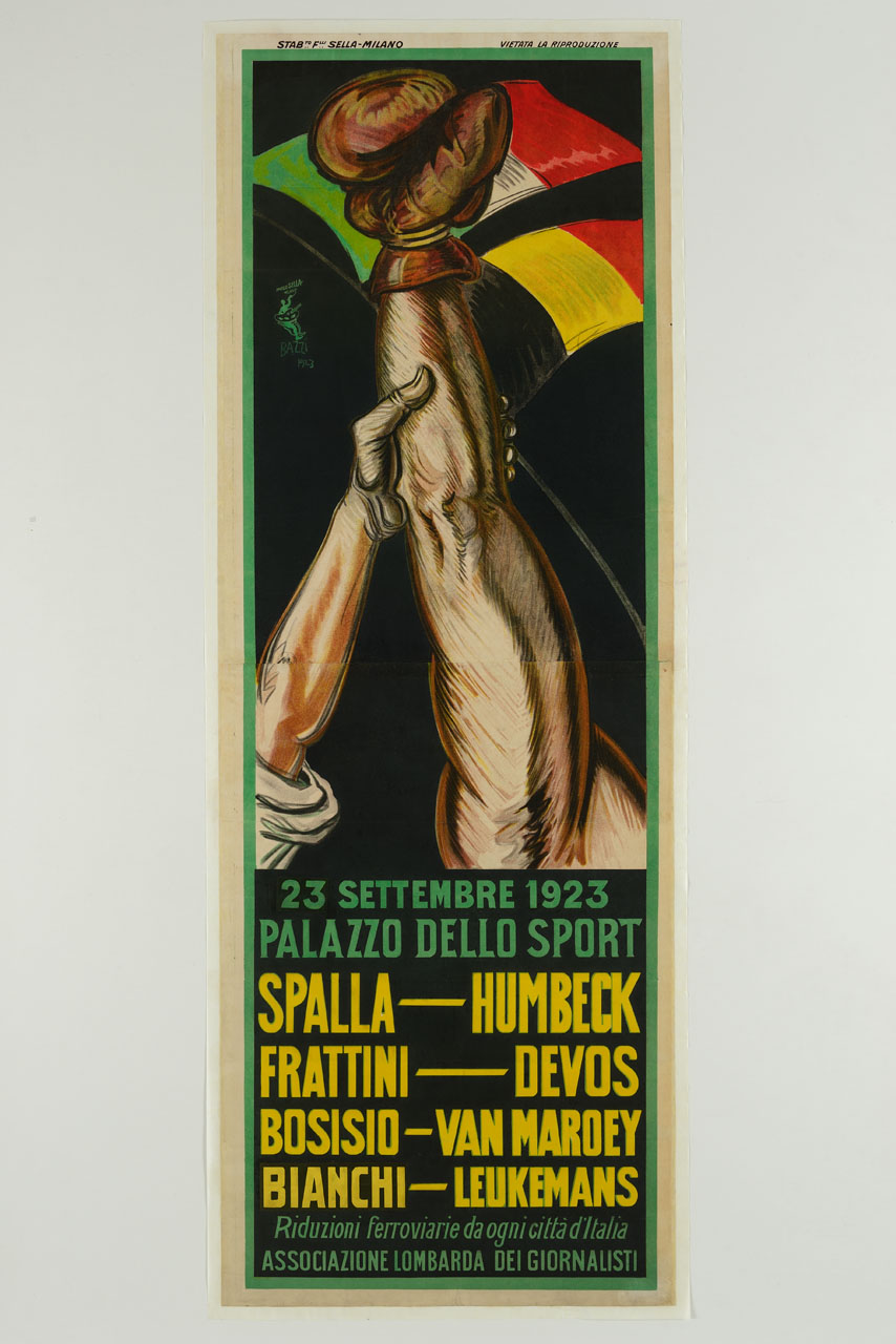 braccio di un pugile vincitore viene sollevato vicino alle bandiere italiana e tedesca (manifesto, stampa composita) di Bazzi Mario (sec. XX)