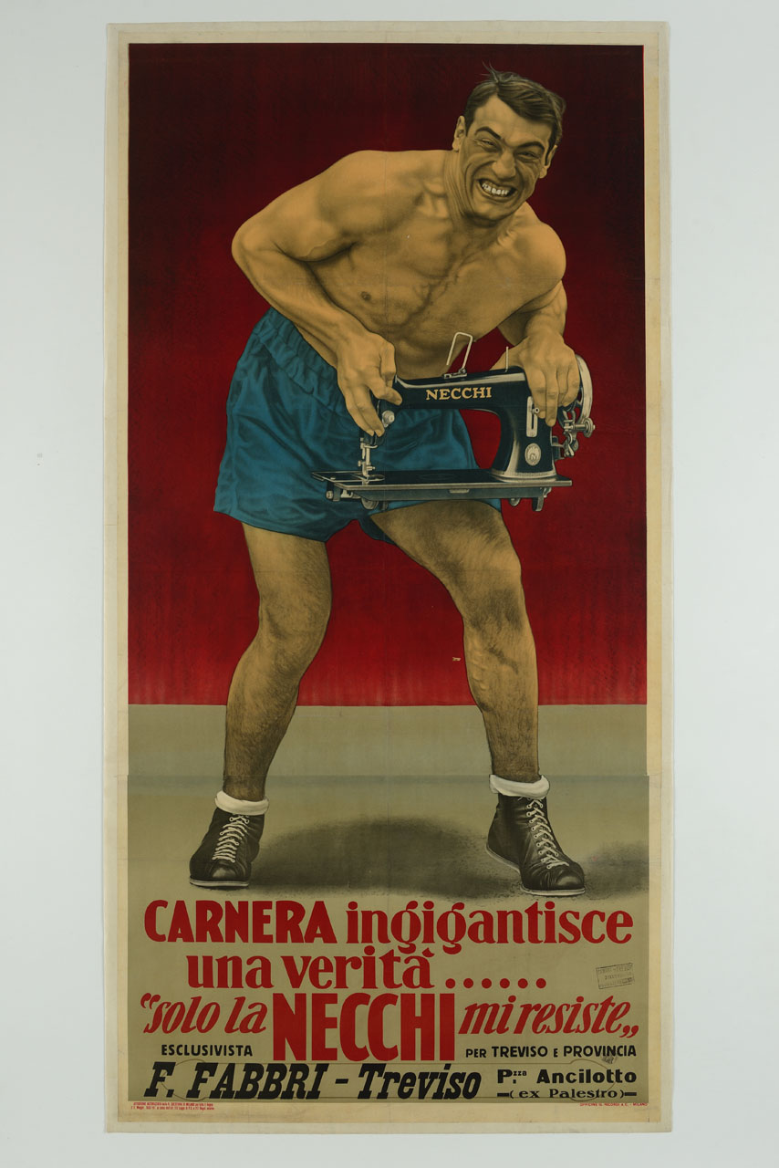 ritratto di Primo Carnera che cerca di piegare un macchina per cucire Necchi (manifesto, stampa composita) - ambito italiano (sec. XX)