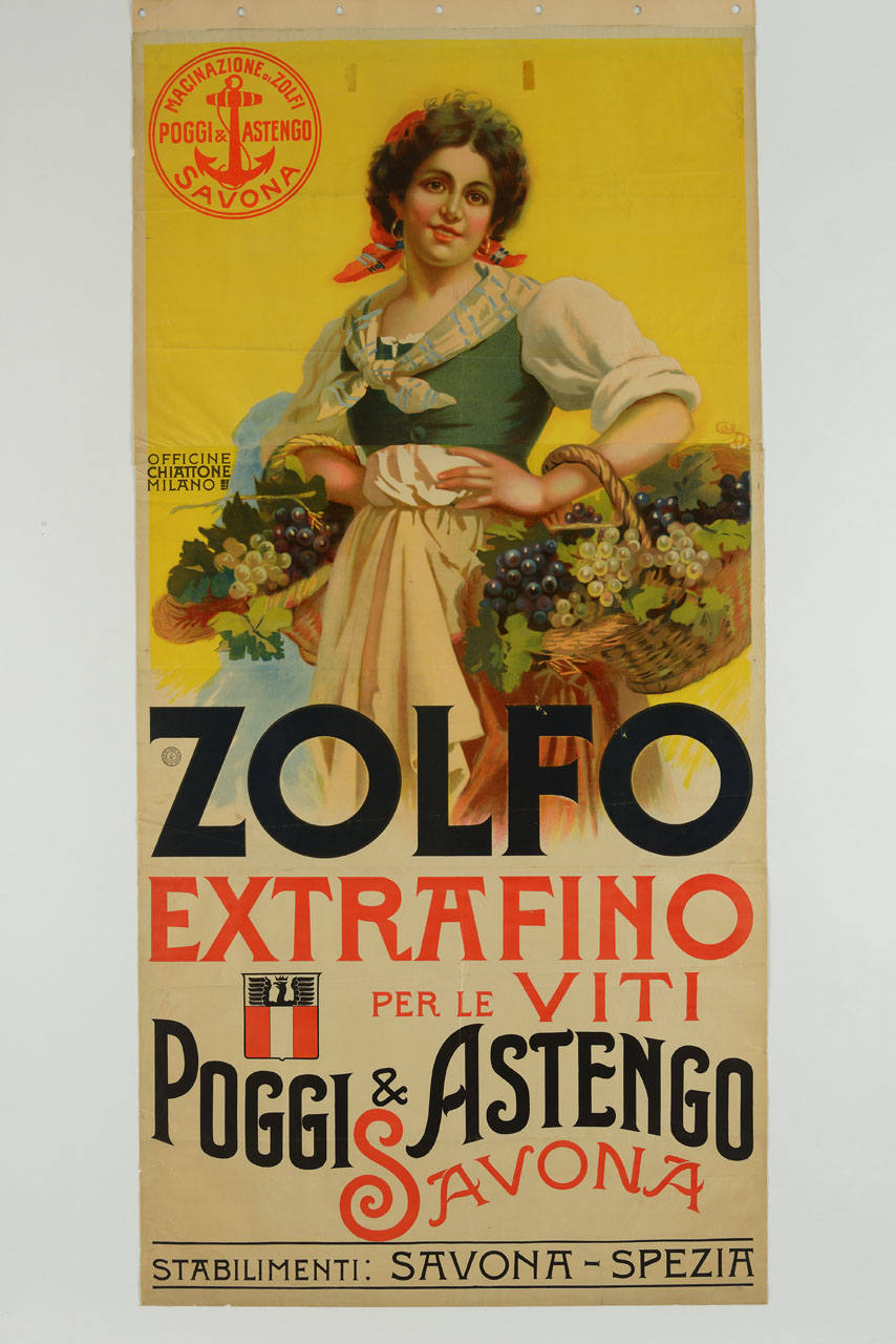 contadina sorridente porta due ceste piene d'uva (manifesto, stampa composita) - ambito italiano (primo quarto sec. XX)