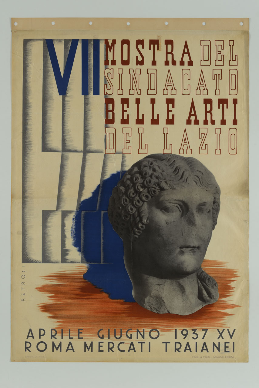 scultura con testa femminile sullo sfondo di fasci littori stilizzati (manifesto) di Retrosi Virgilio (sec. XX)