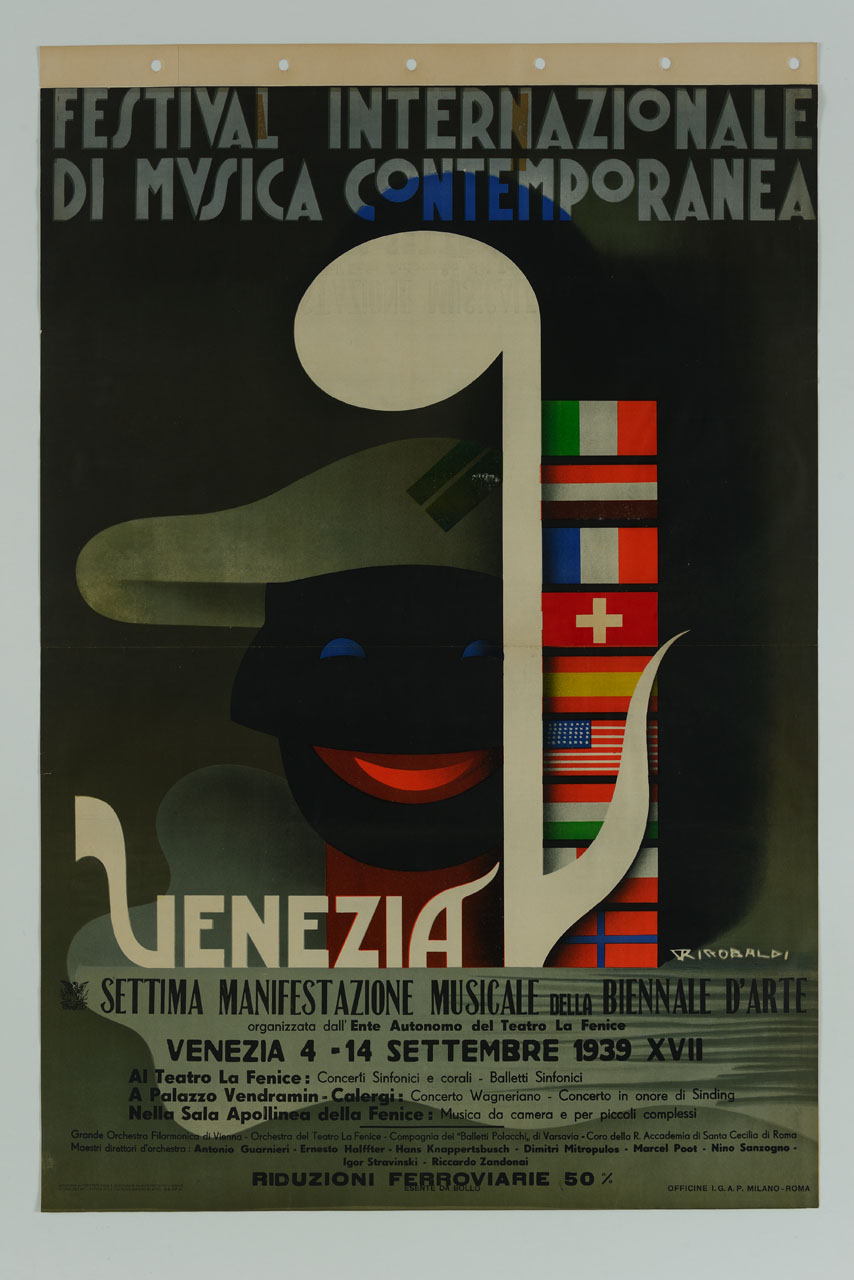 Arlecchino a mezzo busto con nota musicale e bandiere (manifesto) di Riccobaldi Del Bava Giuseppe (sec. XX)