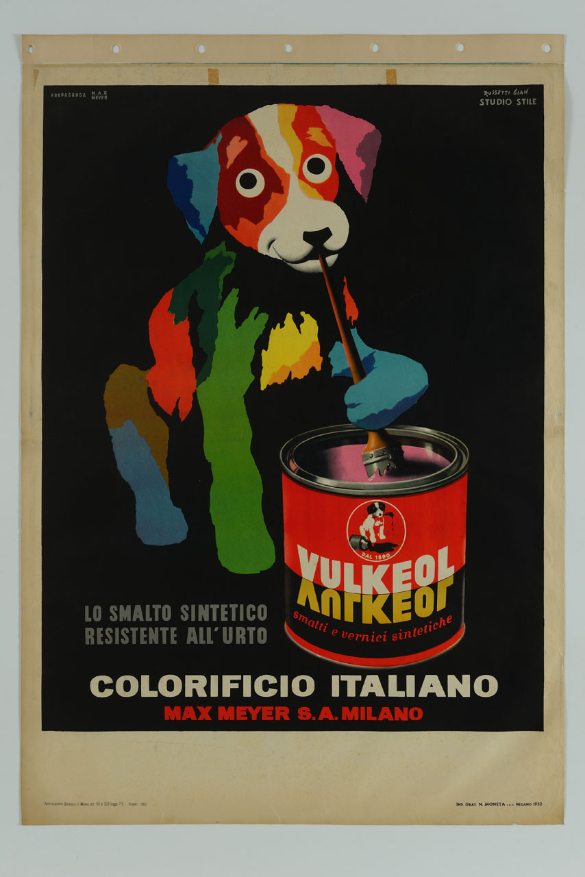 cucciolo di cane colorato intinge un pennello in un barattolo di smalto (manifesto) di Rossetti Gian Carlo, Studio Stile (sec. XX)