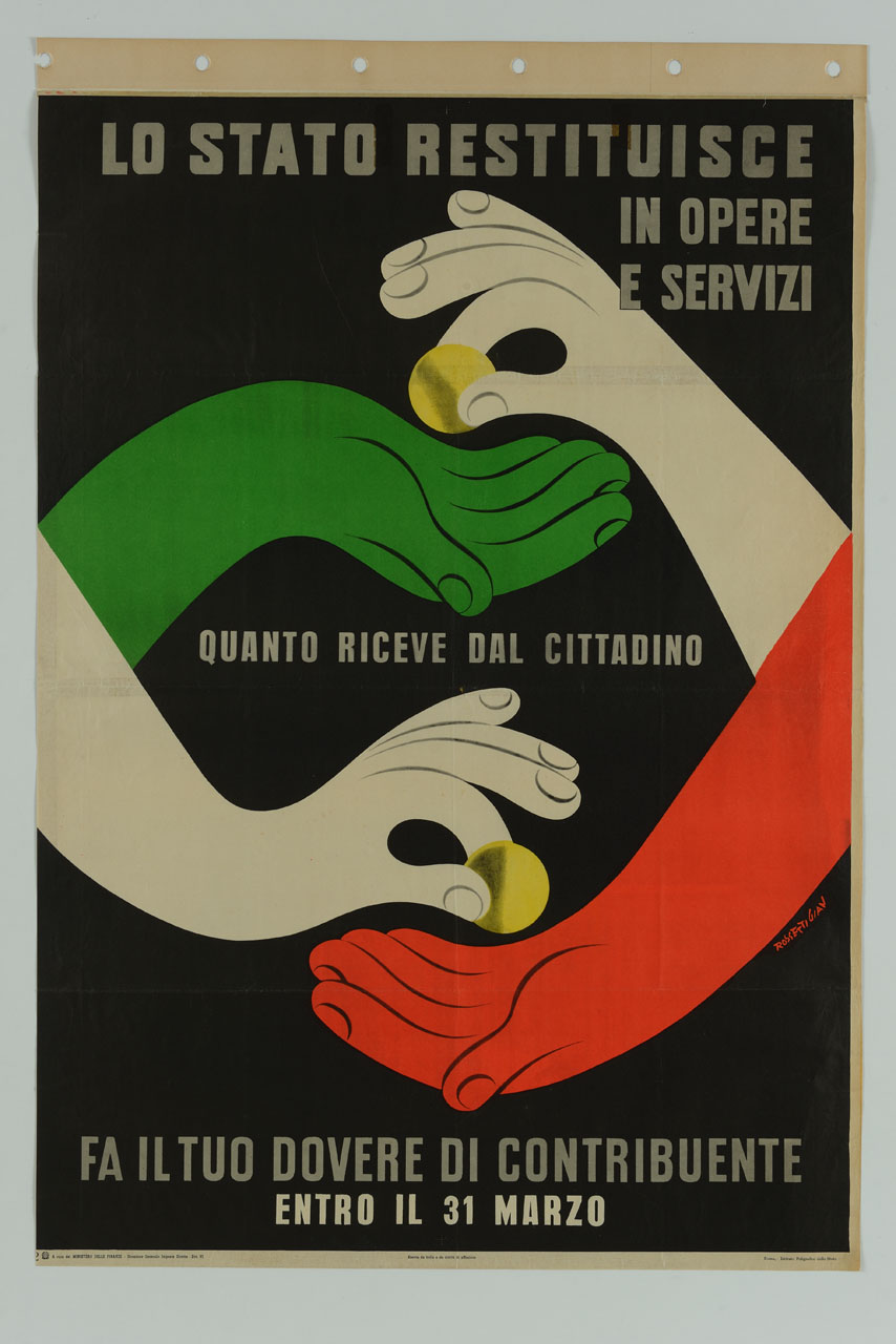 due coppie di mani con i colori della bandiera italiana offrono e ricevono una moneta (manifesto) di Rossetti Gian Carlo (sec. XX)