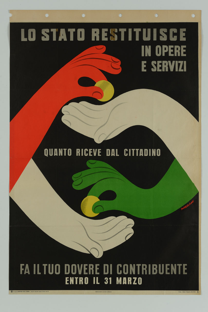 due coppie di mani con i colori della bandiera italiana offrono e ricevono una moneta (manifesto) di Rossetti Gian Carlo (sec. XX)