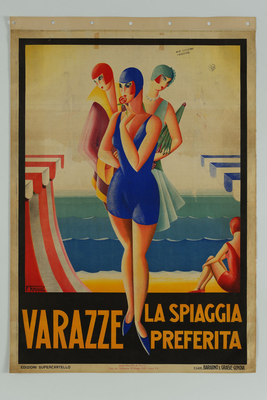 tre donne in abbigliamento da mare sullo sfondo di una spiaggia con bagnante e ombrelloni (manifesto) di Romoli Filippo (sec. XX)