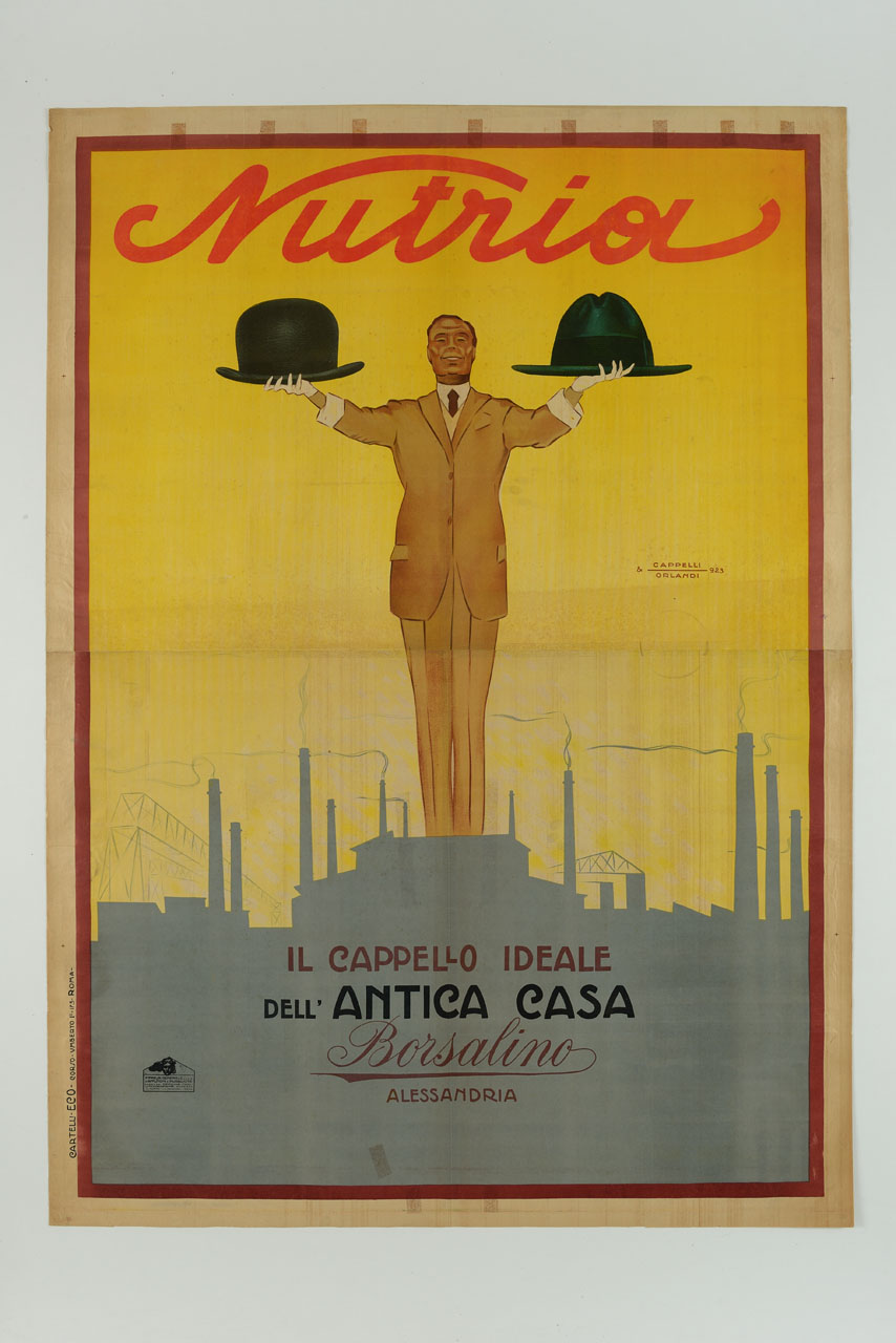figura di uomo in piedi su sagoma di fabbrica mostra due cappelli (manifesto, stampa composita) di Cappelli Osvaldo, Orlandi Orlando (sec. XX)
