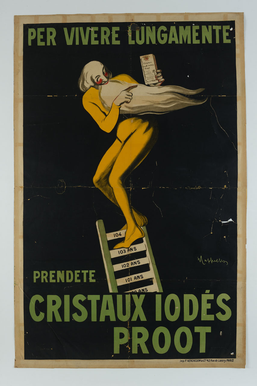 un vecchio nudo dalla lunga barba in bilico su una scala mostra una scatola di Cristaux Iodés Proot (manifesto) di Cappiello Leonetto (sec. XX)