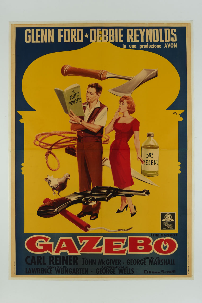 una donna osserva un uomo che legge un libro circondata da una pistola, una bottiglia di veleno, dinamite, piccione, cappio, pugnale, scure all’interno di una cornice sagomata (manifesto, stampa composita) di Campeggi Silvano detto Nano (sec. XX)