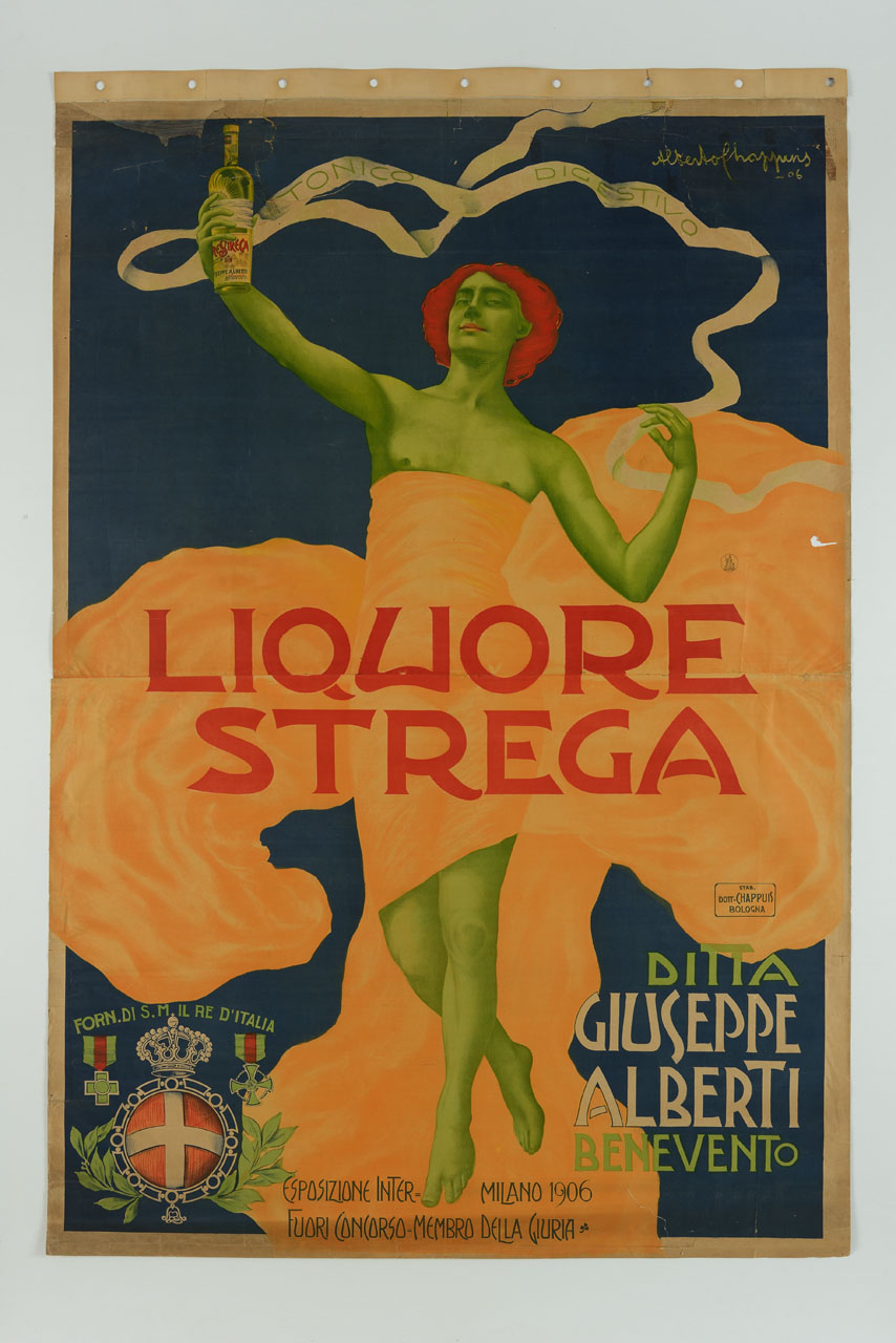 donna avvolta da un drappo mostra una bottiglia di liquore e un nastro (manifesto, stampa composita) di Chappuis Alberto (sec. XX)