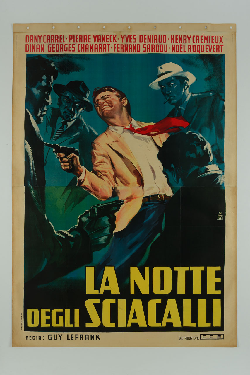 quattro uomini circondano e sparano ad un uomo armato di pistola (manifesto, stampa composita) - ambito italiano (sec. XX)