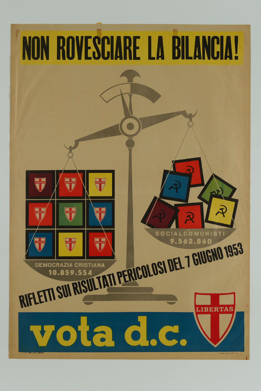 simboli della Democrazia Cristiana e dei Socialcomunisti pesati su due piatti di una bilancia (manifesto) - ambito italiano (sec. XX)