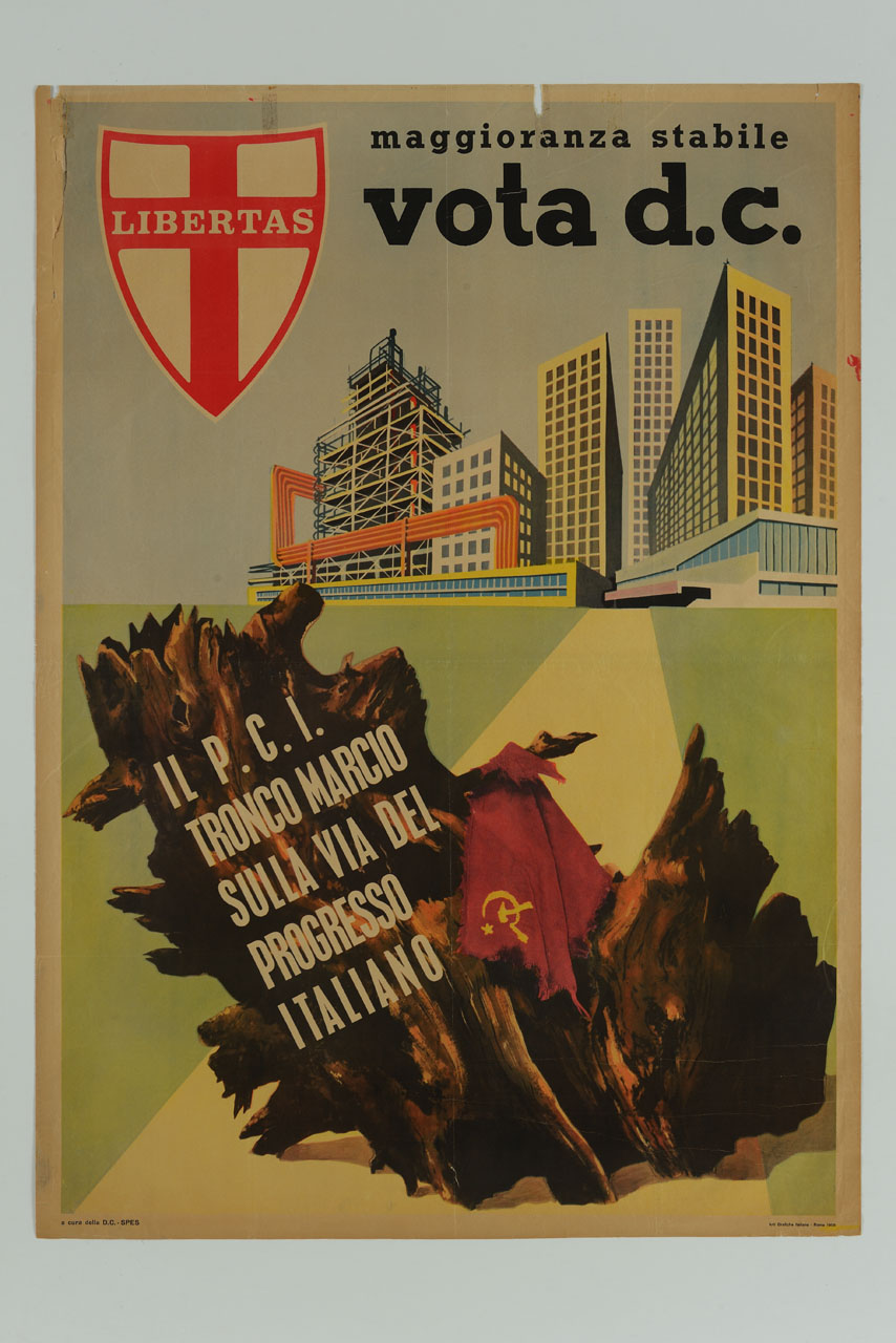 tronco marcio con bandiera del Partito Comunista strappata su una strada diretta verso un moderno centro industriale e urbano (manifesto) - ambito italiano (sec. XX)