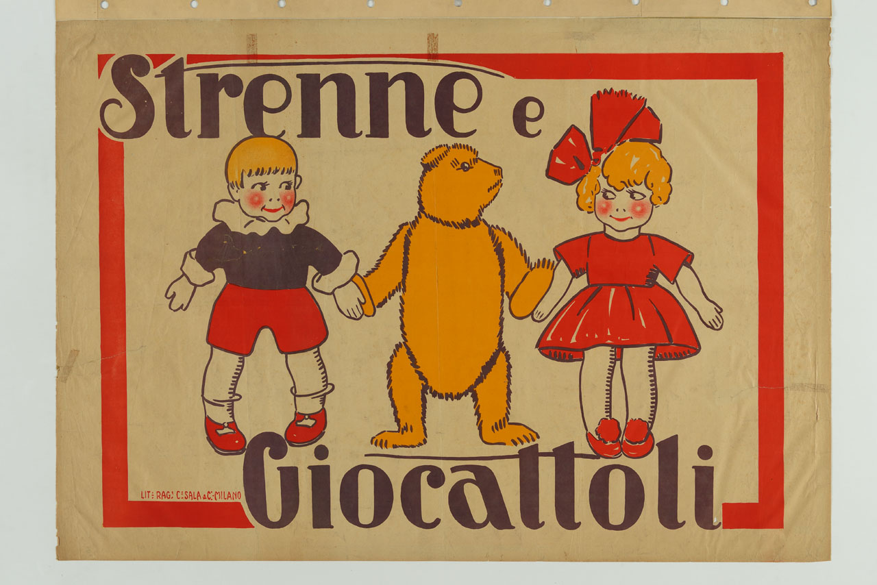 un bambino e una bambina tengono per mano un orsacchiotto (manifesto) - ambito italiano (sec. XX)