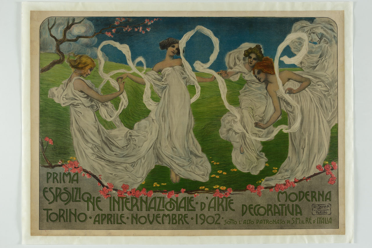 quattro ragazze con lunghi veli danzano sull'erba scrivendo nell'aria ARS (manifesto) di Bistolfi Leonardo (sec. XX)