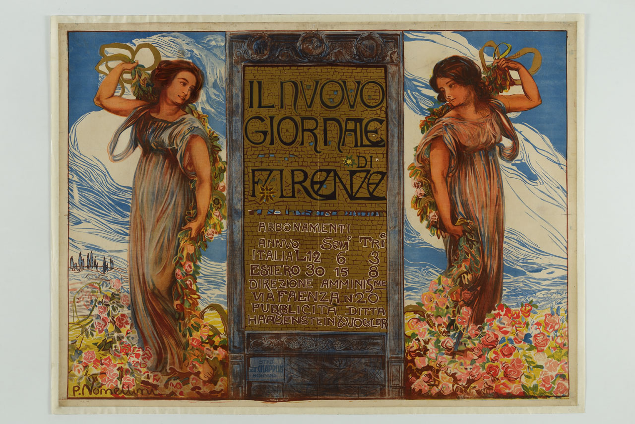 lapide con iscrizioni affiancata da due donne con nastri di fiori (manifesto) di Nomellini Plinio (sec. XX)