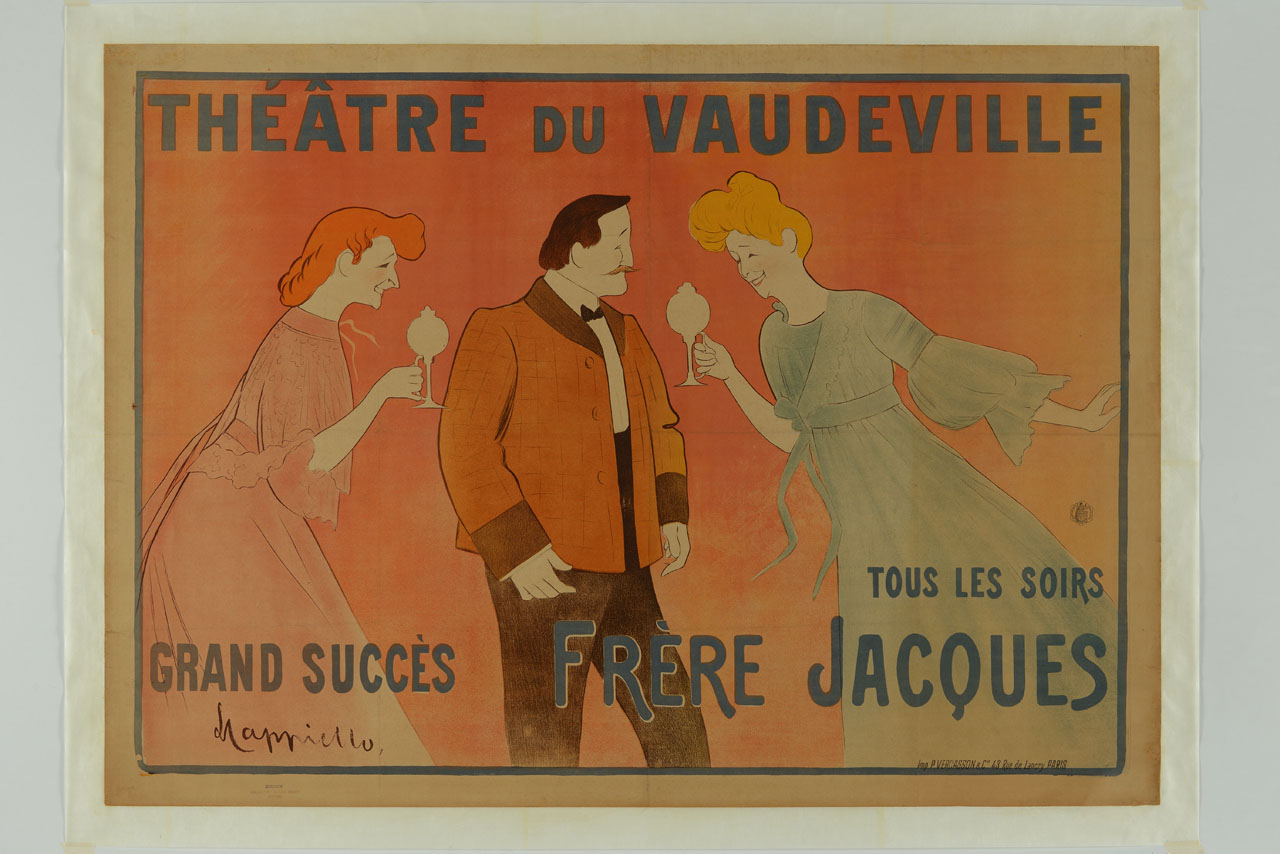 uomo tra due donne con lanterne (manifesto) di Cappiello Leonetto (sec. XX)