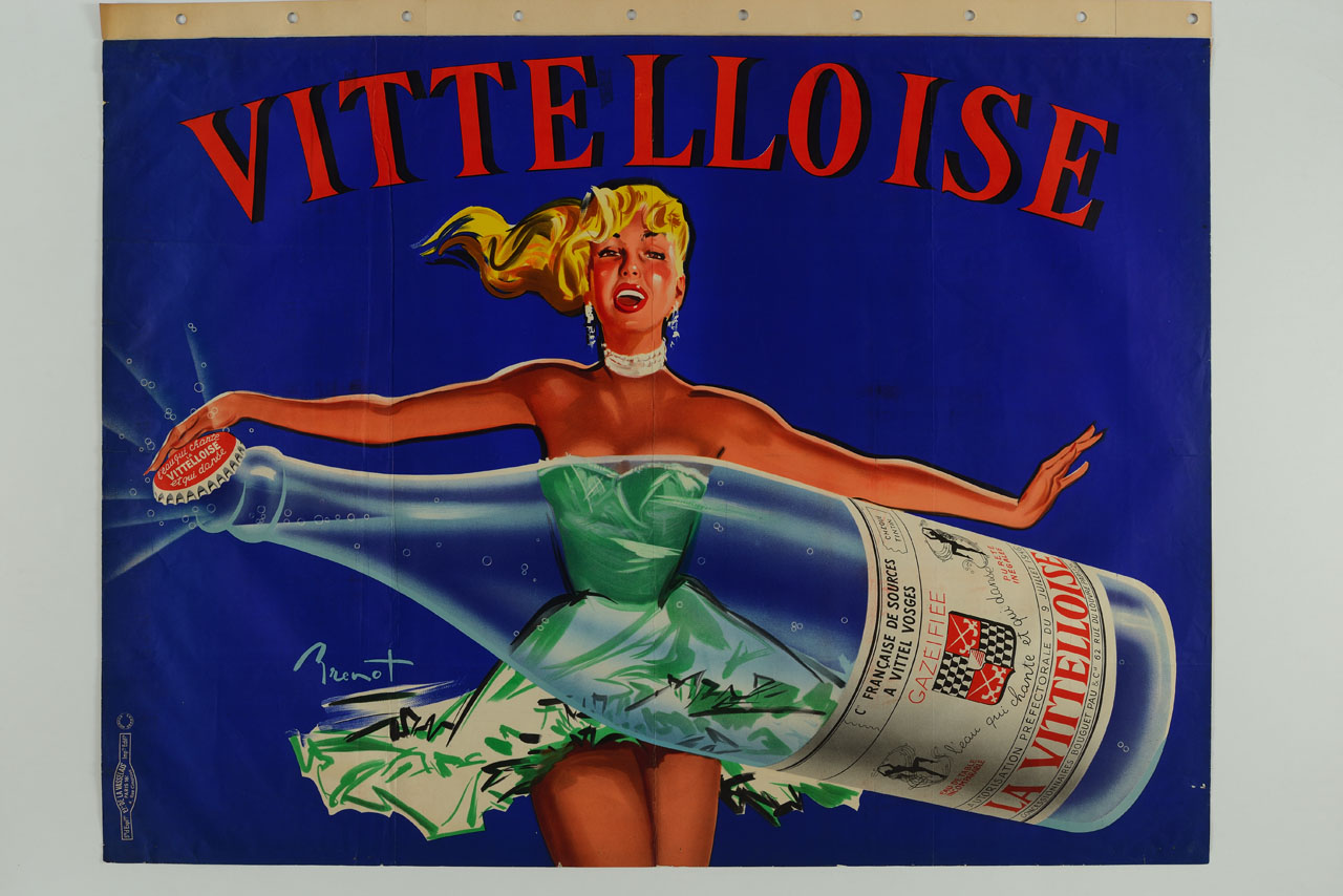 ballerina canta e apre con un gesto della mano una grande bottiglia di acqua minerale (manifesto) di Brenot Pierre-Laurent (sec. XX)