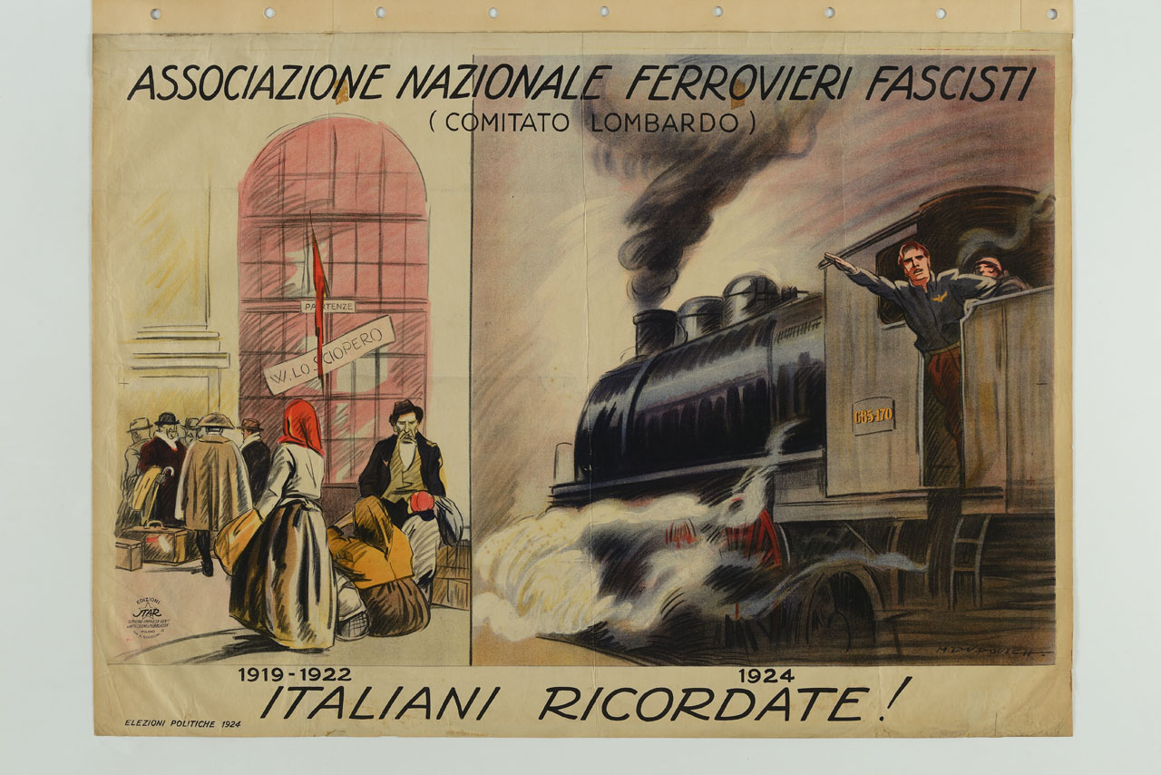 duplice riquadro illustra l'attesa dei passeggeri causata dalla sciopero ed un ferroviere che fa il saluto fascista da un treno in movimento (manifesto) di Dudovich Marcello (sec. XX)
