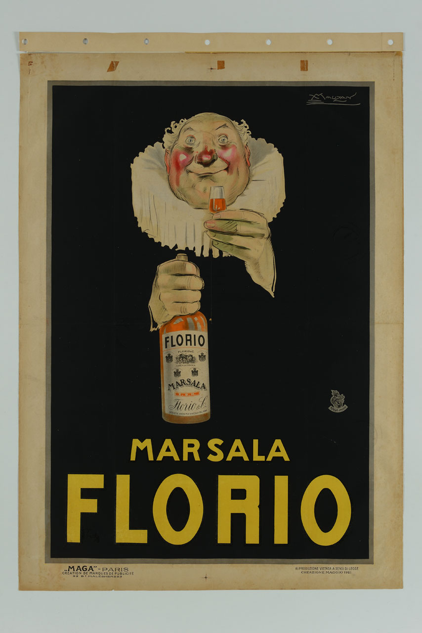 uomo paffuto con gorgiera tiene una bottiglia di marsala e porta alla bocca un bicchierino (manifesto) di Mauzan Achille Luciano, MAGA (sec. XX)