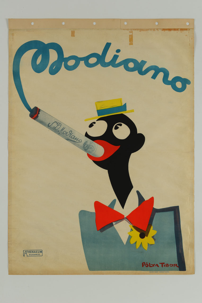 uomo di colore a mezzo busto stilizzato fuma una sigaretta (manifesto) di Pólya Tibor (sec. XX)