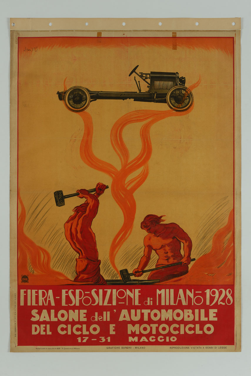 due uomini battono su un incudine da cui si innalza una fiamma con un'automobile (manifesto) di D'Es Leon - ambito milanese (sec. XX)