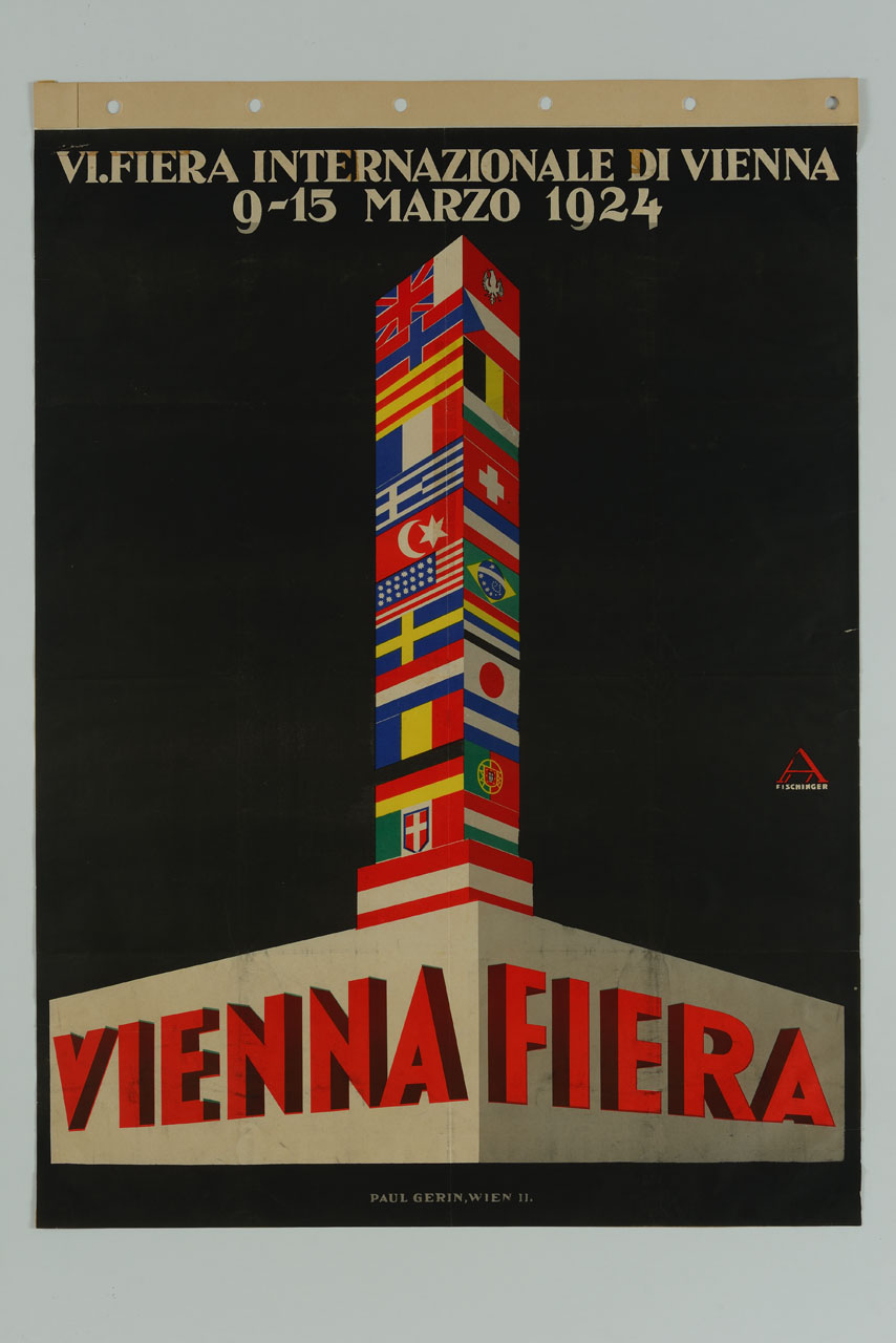 torre parallelepipeda con bandiere (manifesto) di Fischinger August (sec. XX)