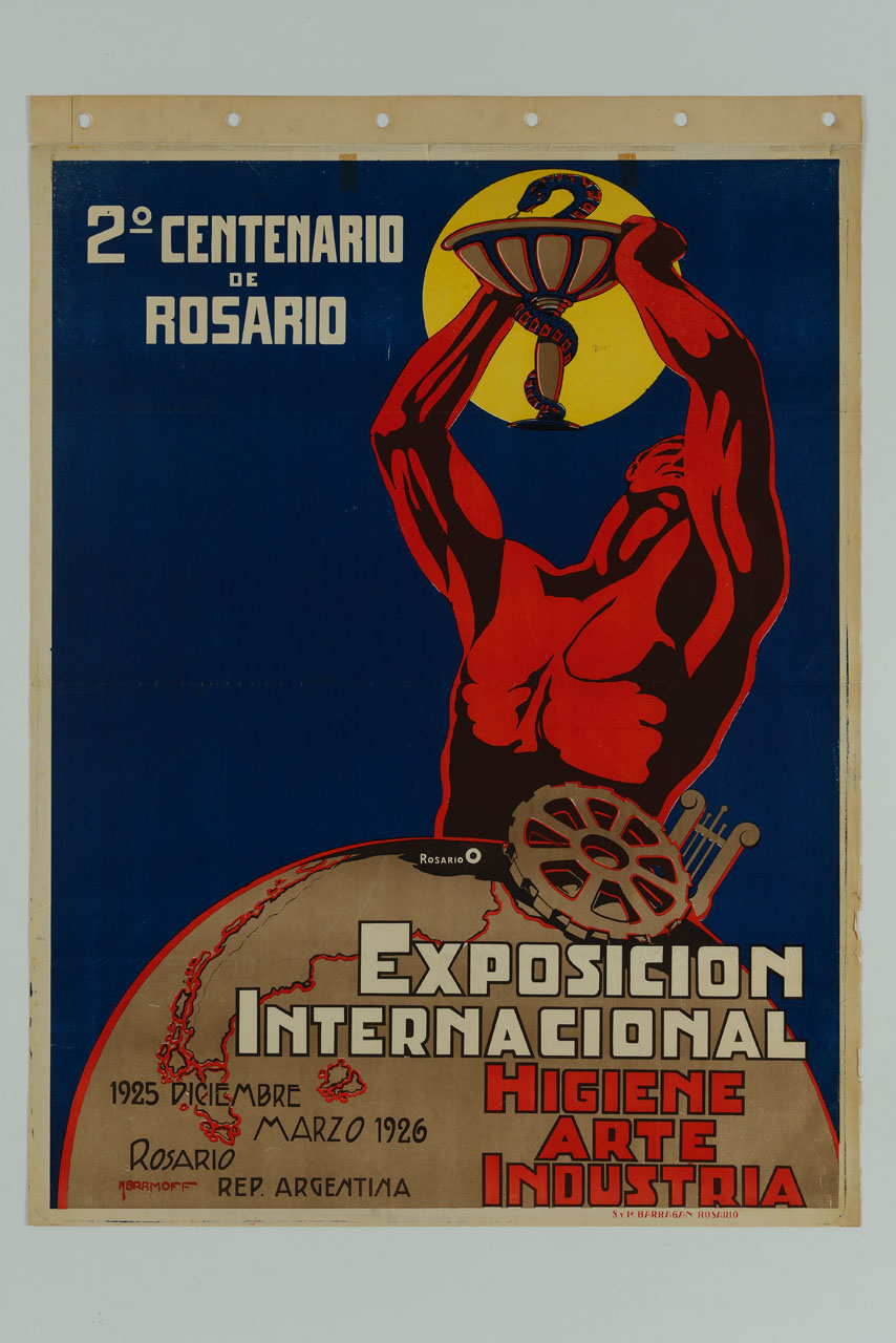 uomo solleva la coppa di Igea sopra l'emisfero terrestre con ruota dentata e lira (manifesto) di Abramoff - ambito argentino (sec. XX)