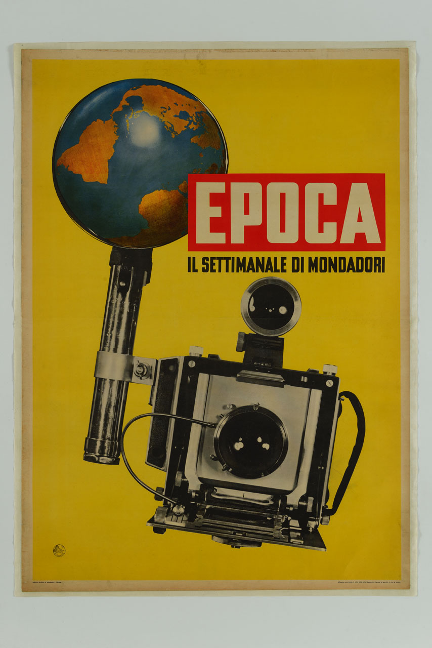 macchina fotografica con flash a forma di globo terrestre (manifesto) - ambito italiano (sec. XX)