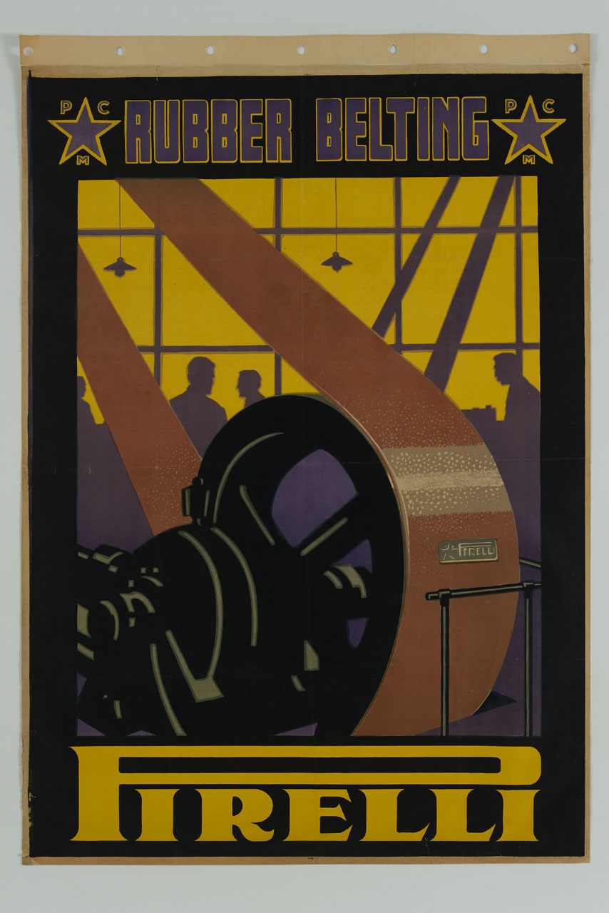 puleggia con cinghia di trasmissione sullo sfondo di uomini al lavoro oltre una vetrata (manifesto) - ambito milanese (sec. XX)