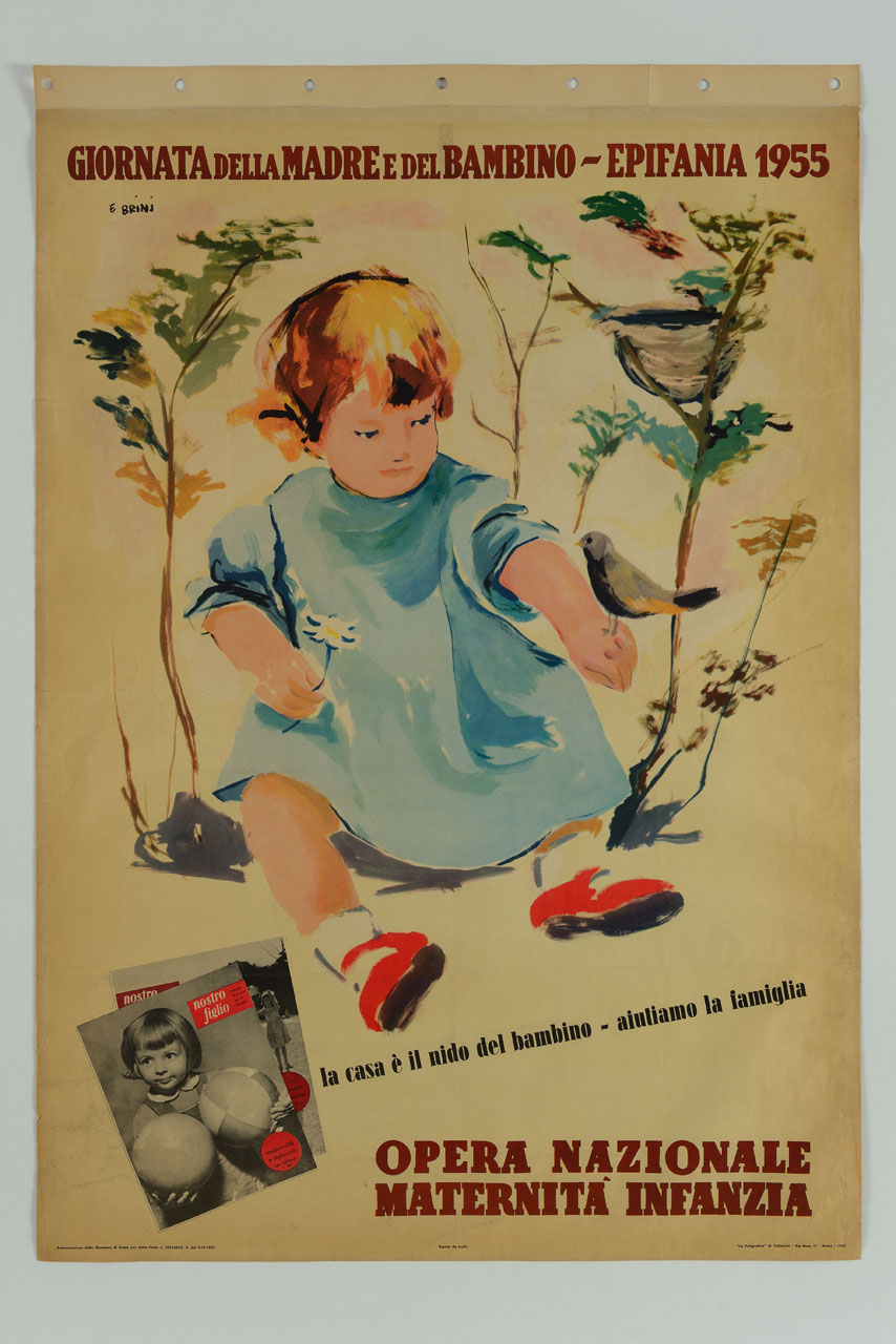 bambina con un uccellino posato su una mano sullo sfondo di arbusti con un nido (manifesto) di Brini Ercole (sec. XX)