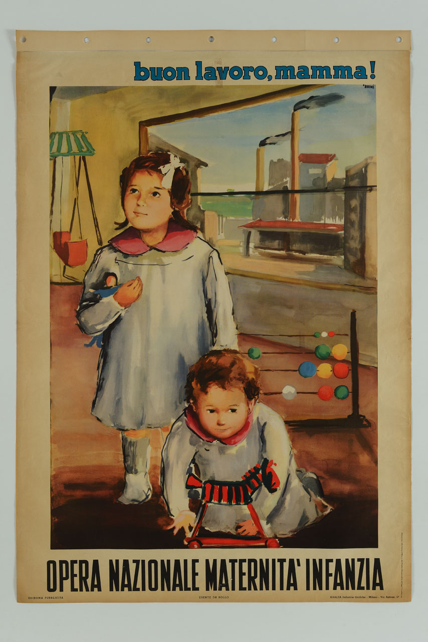 bambina e bambino con giocattoli in un asilo infantile con vetrata aperta su un complesso industriale (manifesto) di Brini Ercole (sec. XX)