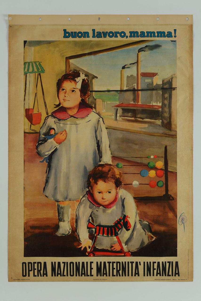 bambina e bambino con giocattoli in un asilo infantile con vetrata aperta su un complesso industriale (manifesto) di Brini Ercole (sec. XX)